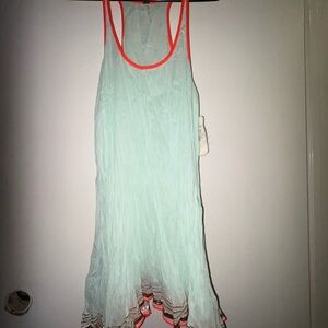 Free People Rare Aqua Fluorescent Metallic Trim Cotton Dress Tunic Size S